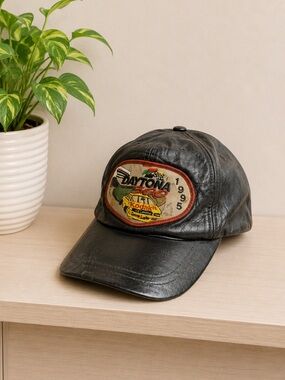 Vintage 1995 Daytona 500 Kodak Leather Snapback Racing NASCAR Black Cap Hat
